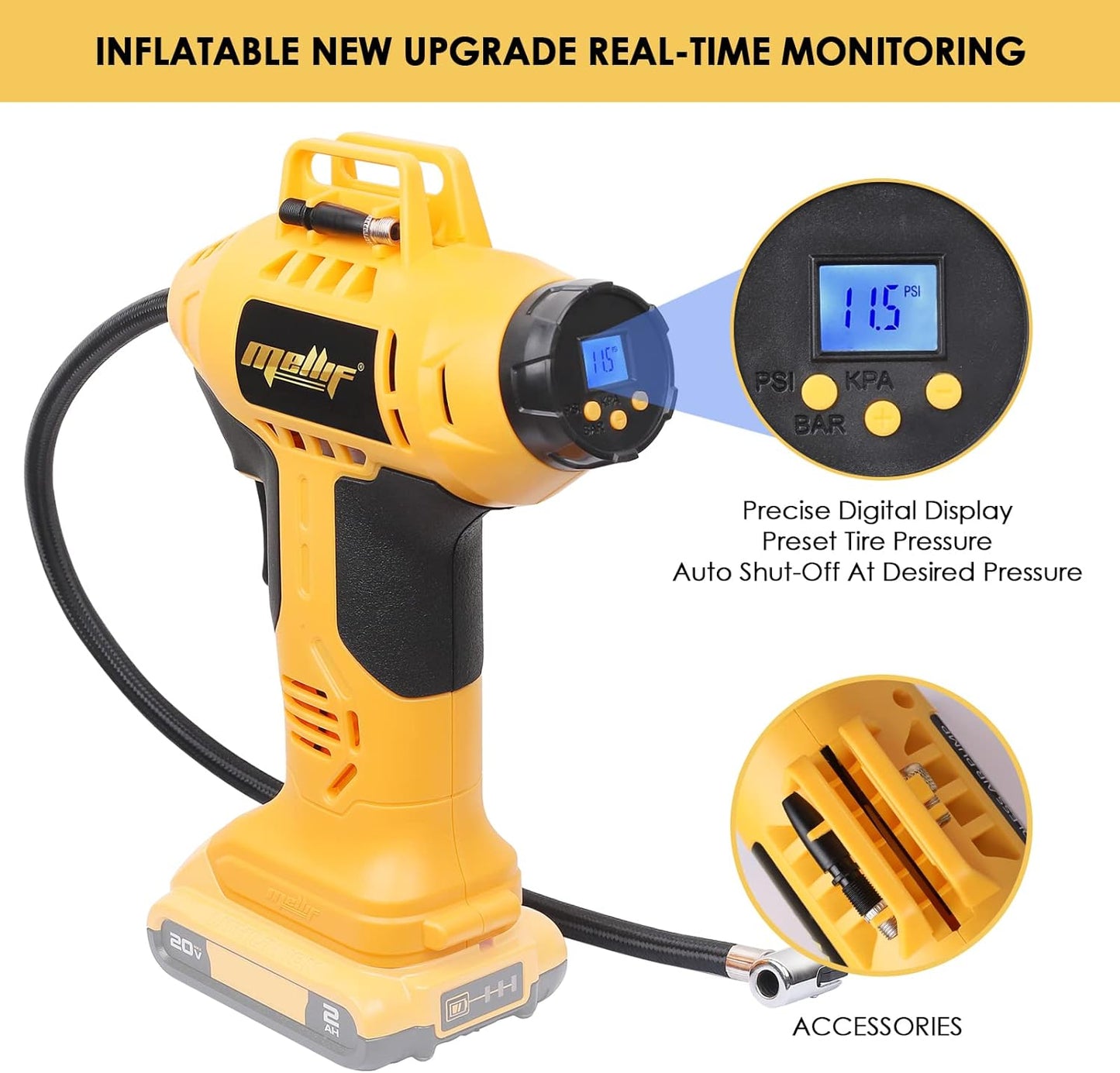 Mellif Cordless Tire Inflator Air Compressor for Dewalt 20VMax Battery