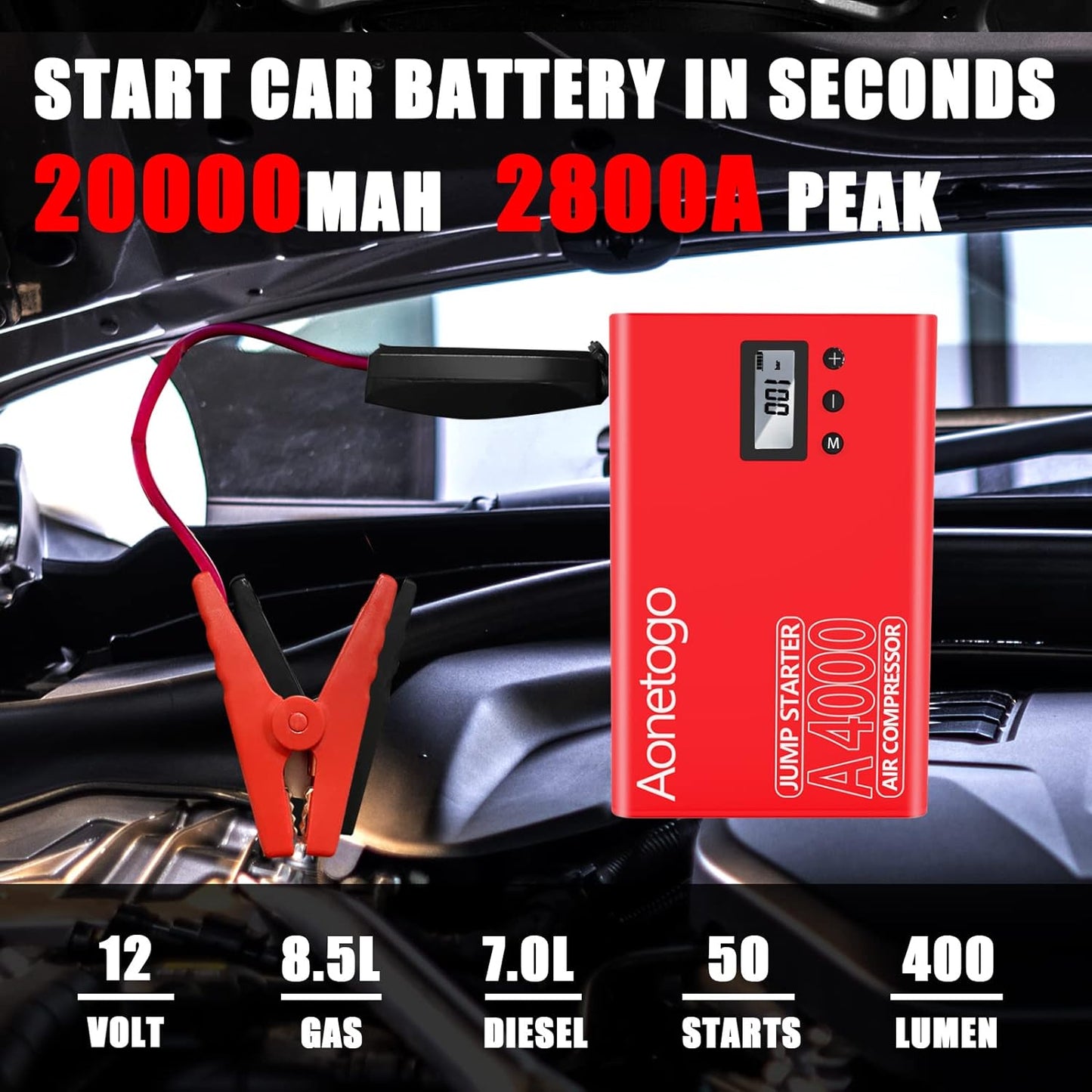 Jump Starter with Air Compressor, 2800A Peak 20000Mah Battery Booster