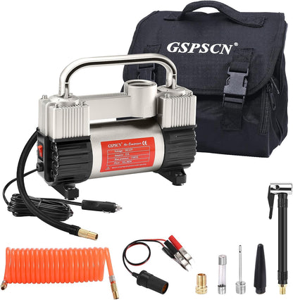 GSPSCN Tire Inflator Heavy Duty Double Cylinders with Portable Bag12V