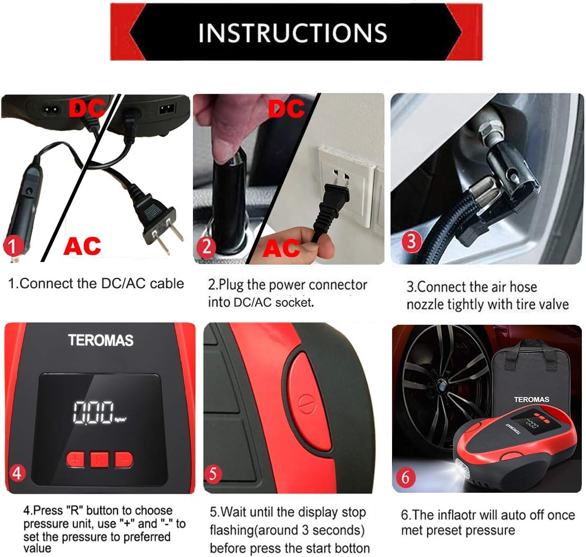 TEROMAS Tire Inflator Air Compressor, DC/AC Air Pump for Car Tires 12V