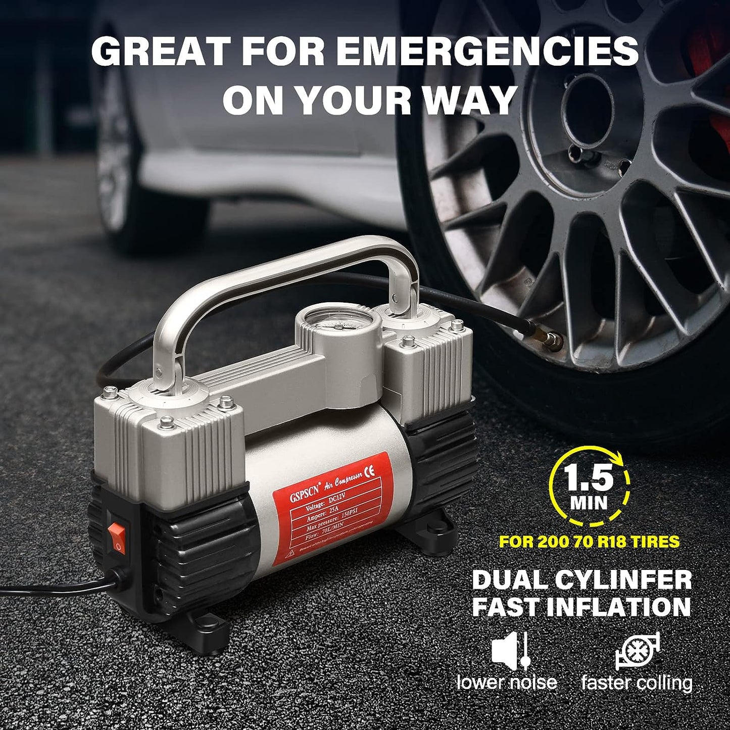 GSPSCN Tire Inflator Heavy Duty Double Cylinders with Portable Bag12V